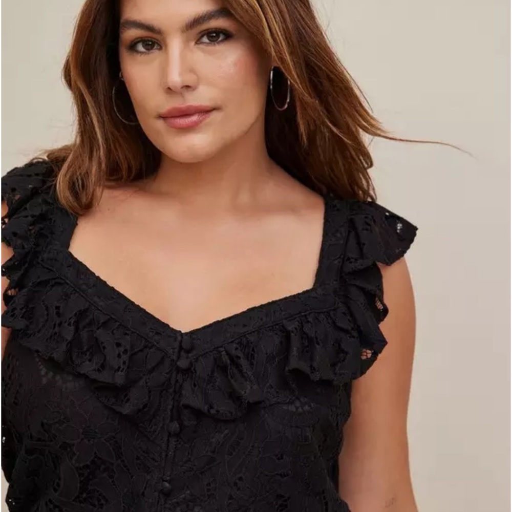 Black Lace Ruffle Top - Picture 2 of 10